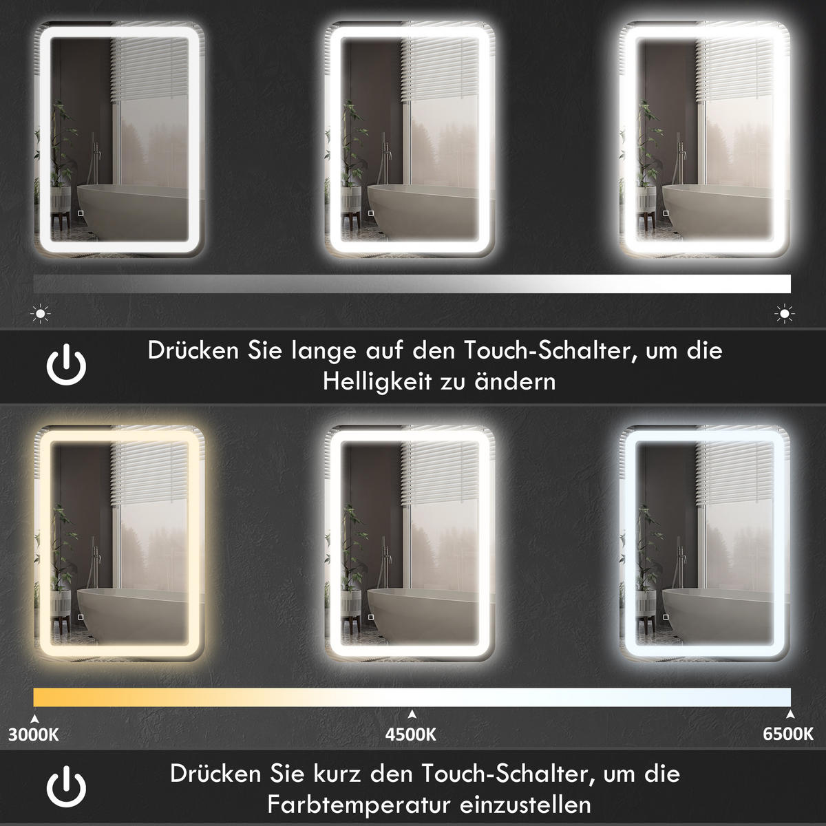 BADSPIEGEL, 60 x 80 cm LED Badezimmerspiegel mit 3 Lichtfarben, Touch-Schalter - Silberfarben, Glas (60/4/80cm) - HOMCOM