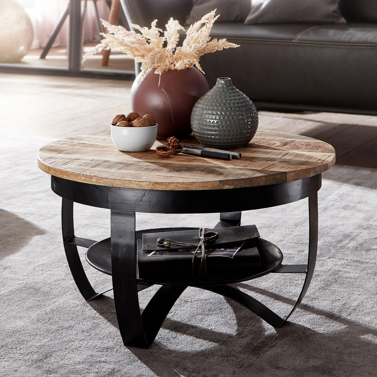 COUCHTISCH in Braun/Schwarz, Industrieller Stil, aus Recyceltem Mango-Massivholz - Schwarz, Holz/Metall (60/60/34cm) - KADIMA DESIGN