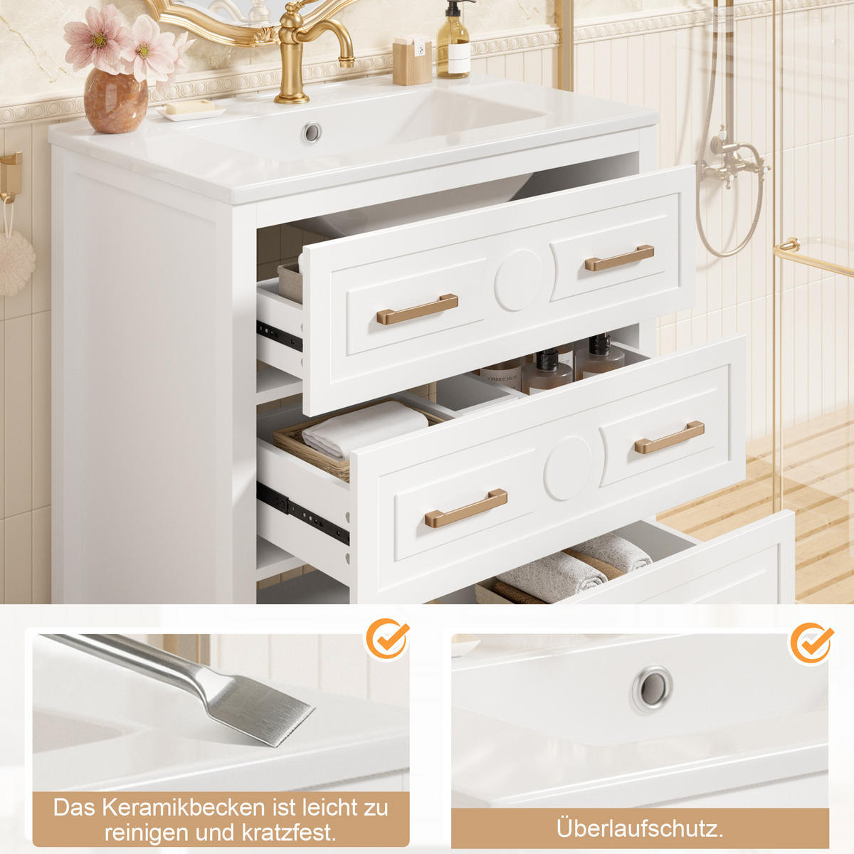 WASCHTISCH MDF/Keramik 76,5x47x82 cm Weiß mit 3 Schubladen und integriertem Keramikbecken - Weiß, Keramik (76.5/82/47cm) - Modfu