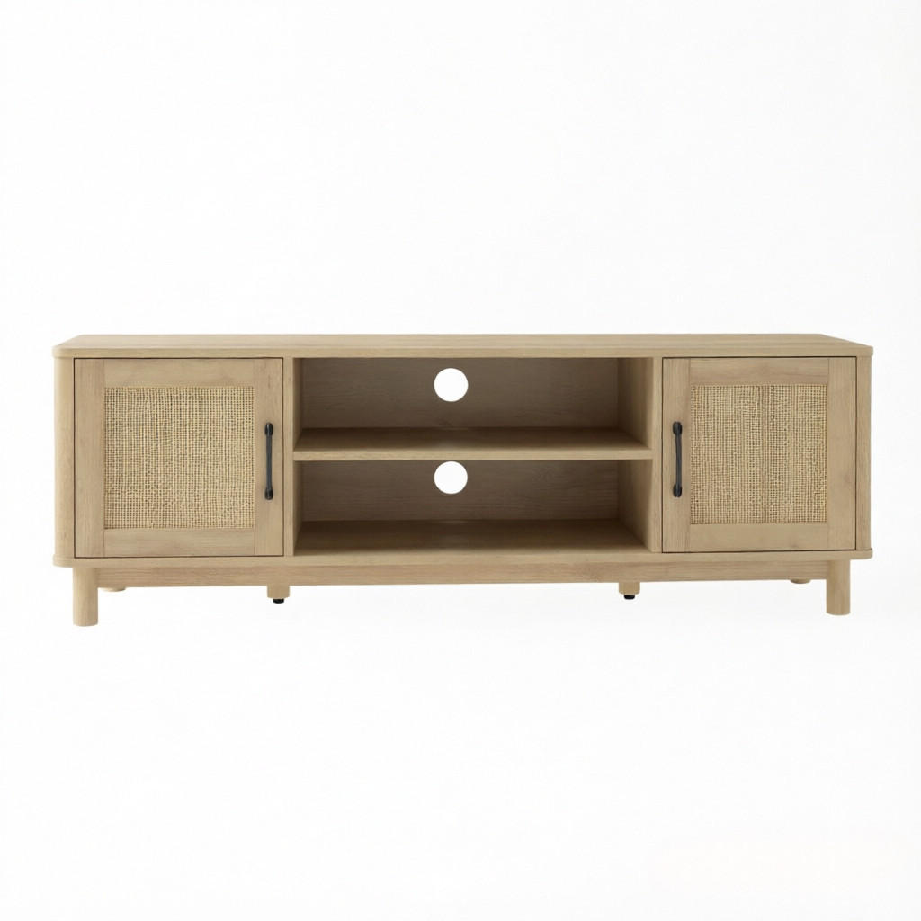 TV-SCHRANK 135/39/45 cm Eiche mit 2 Rattan-Türen und offenen Fächern - Eichefarben, Holz/Holzwerkstoff (135/45/39cm) - Oxeza
