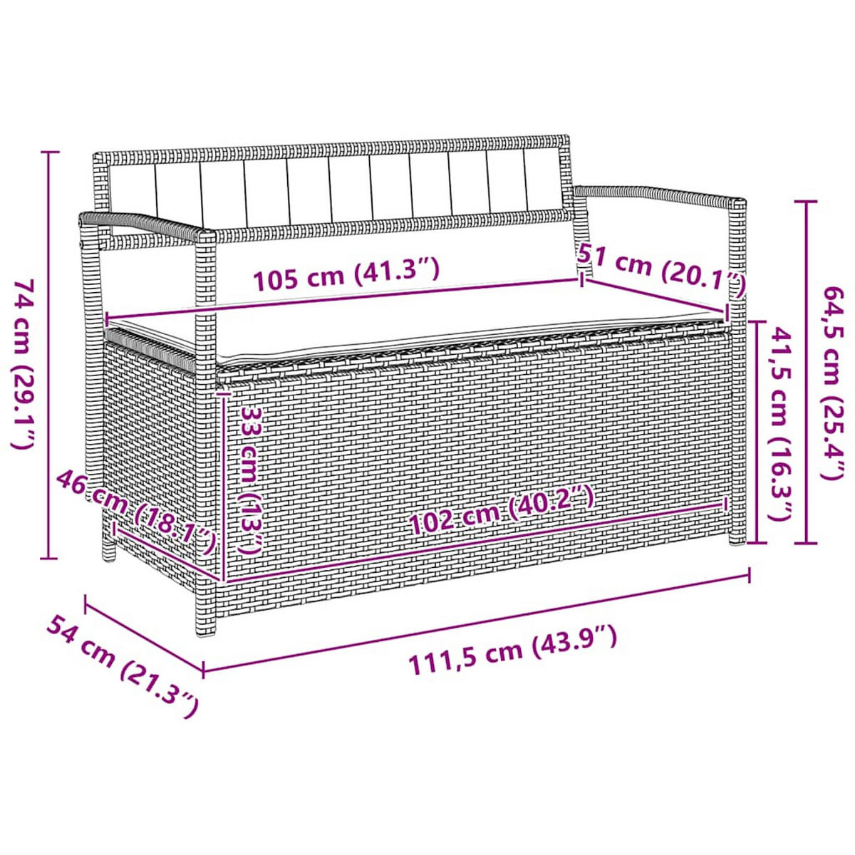 GARTENBANK Mit Stauraum Und Kissen Grau Poly Rattan - Grau, Kunststoff (54/74/111.5cm) - vidaXL