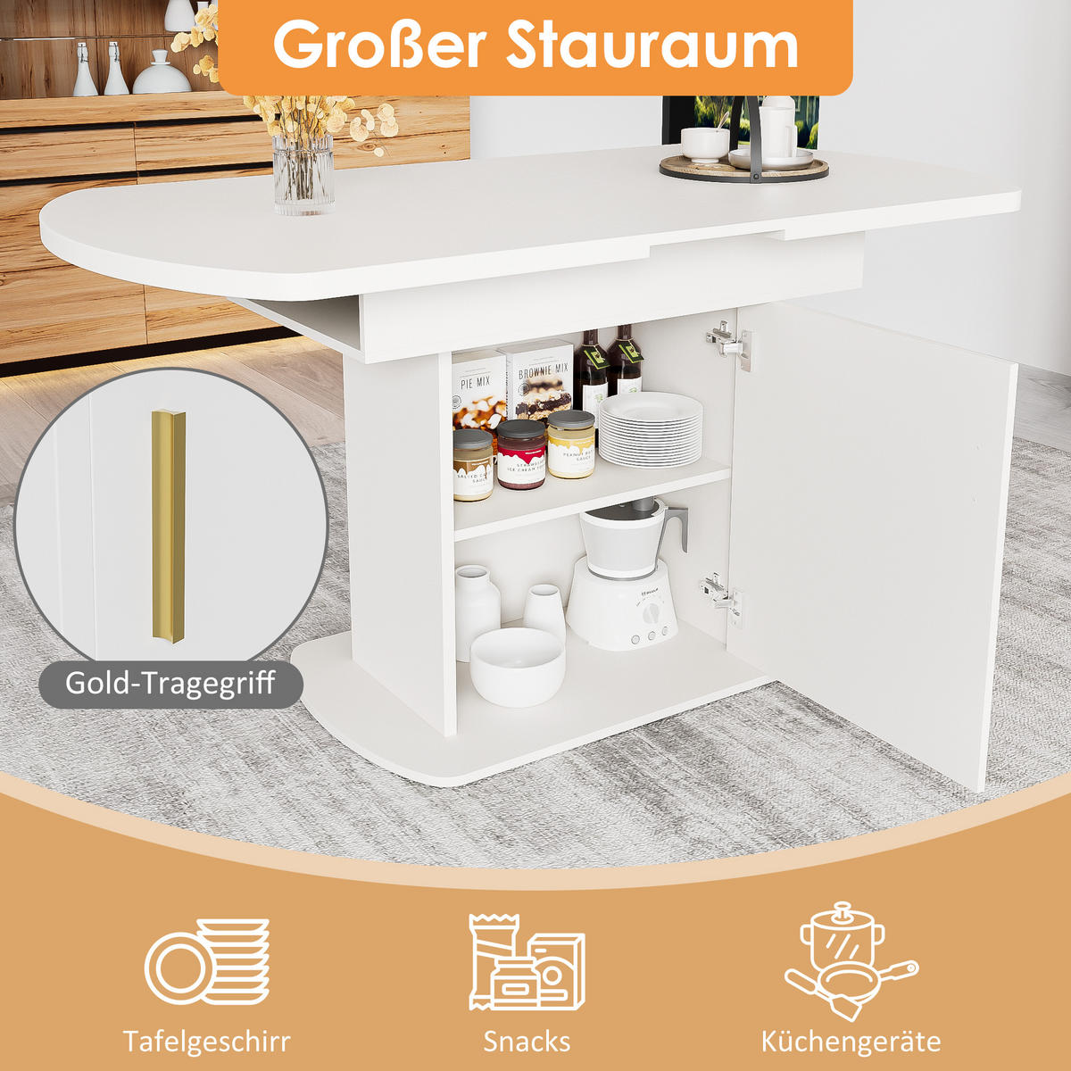 ESSTISCH Weiß Gold ausziehbar 110-130cm Stauraum 70cm - Multicolor, Holzwerkstoff (130/75.5/70cm) - FLIEKS