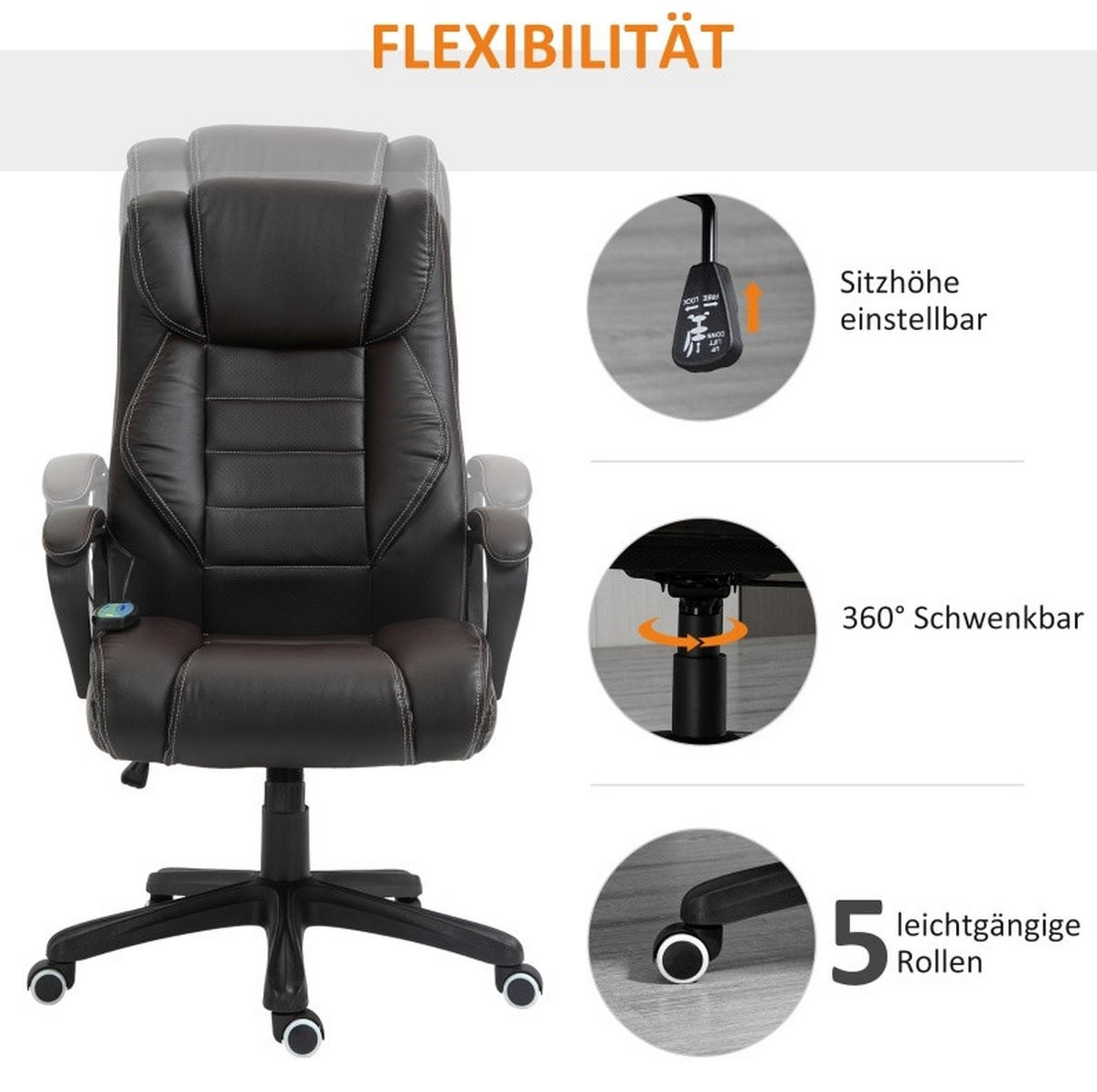 BÜROSTUHL in Braun 64x74x120 cm mit 6-Punkte-Massage und Wippfunktion, höhenverstellbar - Braun, Kunststoff (74/120/64cm) - IVMEU