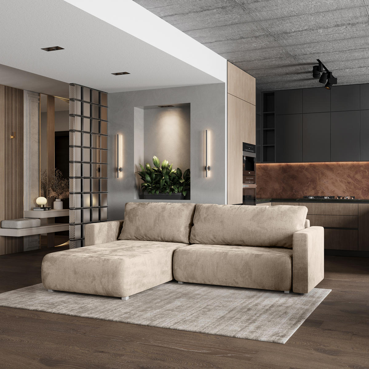 ROHOVÁ SEDAČKA TURIN krémová - šedá/krémová, dřevo/textil (265/183cm) - MASSENO