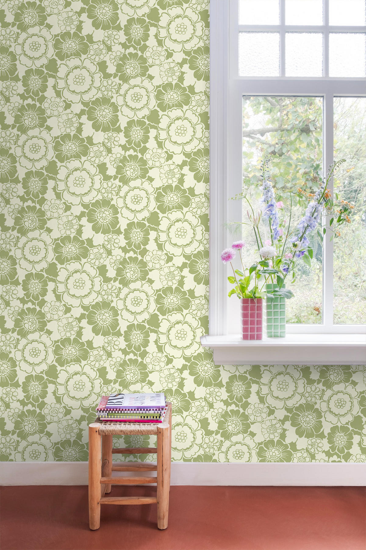 TAPETE Retro Blumen 50 x 900 cm - Grün, Papier (50/900cm) - ESTAhome