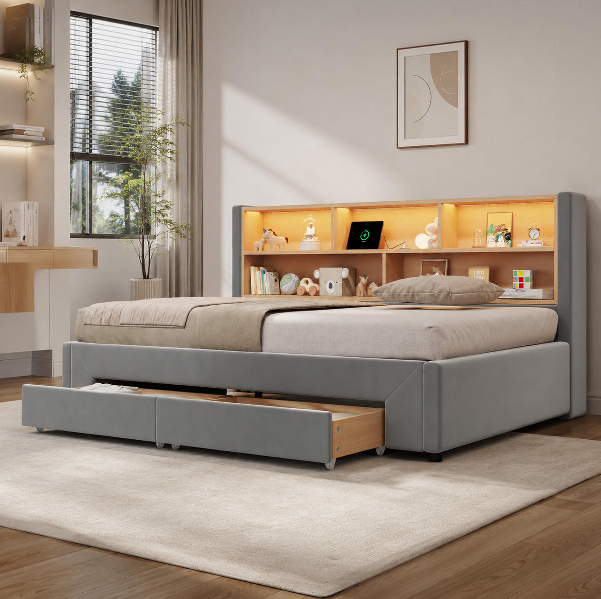 BETT 90/180/200 cm in Grau aus Samt mit LED-Beleuchtung und USB-/Type-C-Anschlüssen - Grau, Textil (180/200cm) - Flora Grace
