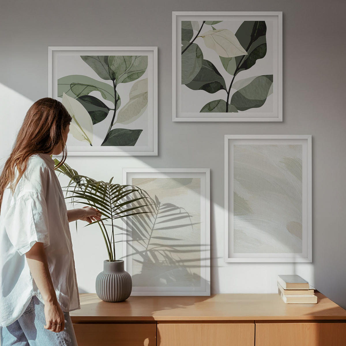 WANDBILDER 4er-Set - 50x50 cm & 40x60 cm Weißer Rahmen - Leuchtende, abstrakte Boho-Farben - Weiß, Kunststoff (50/50cm) - ArtPrintCave