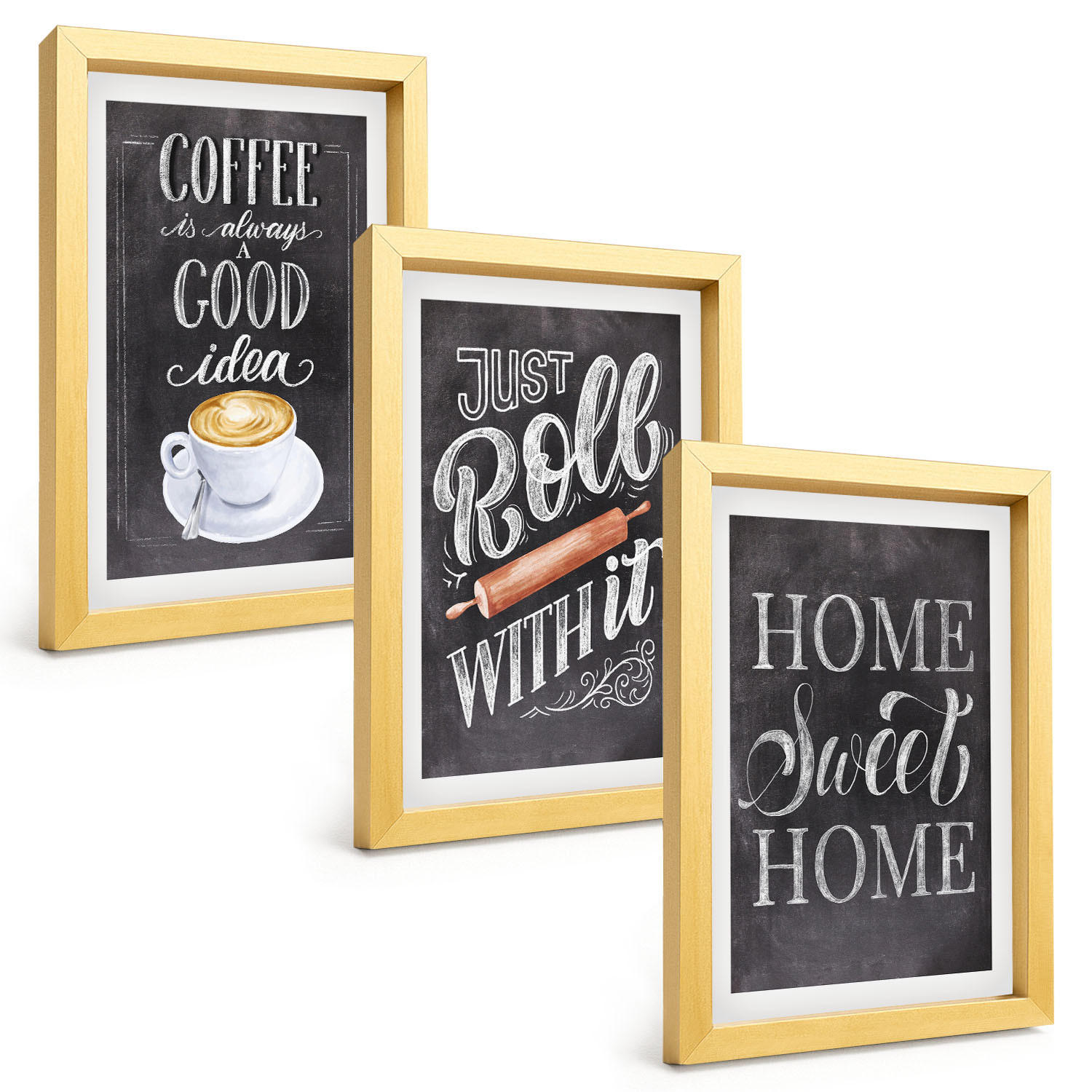 BILDER SET 3er Set - 20x30 cm Goldrahmen - Kaffeeroller, heimelige Wärme - Goldfarben, Kunststoff (20/30cm) - TULUP