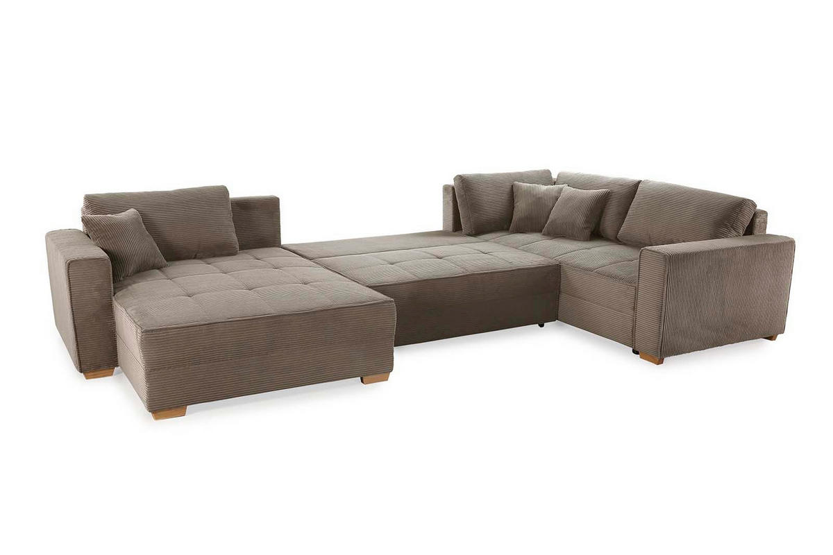 WOHNLANDSCHAFT Schlaffunktion Bettkasten Wellenunterfederung, spiegelverkehrt montierbar U-Form B379/T227/H86 cm, Cord Braun Taupe / 15197 - Taupe/Eichefarben, Holz/Textil (379/86/227cm) - luma-home