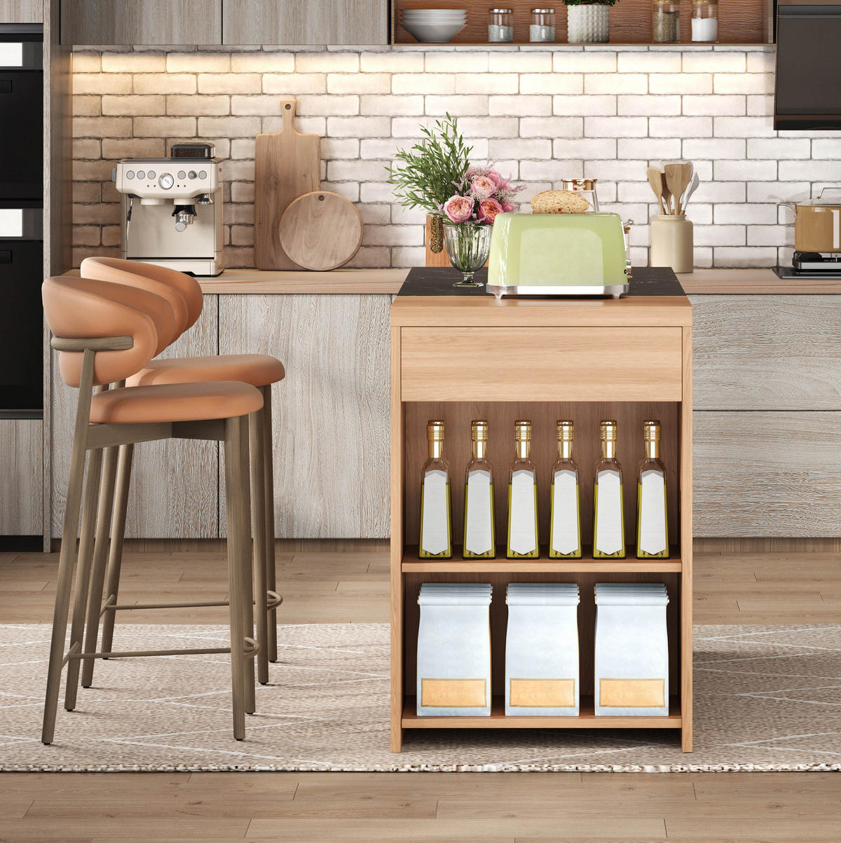 KÜCHENINSEL 140/60/90 cm in Eichefarben/Schwarz mit Stauraum und Schublade - Naturfarben, Holzwerkstoff (140/90/60cm) - BEAOK