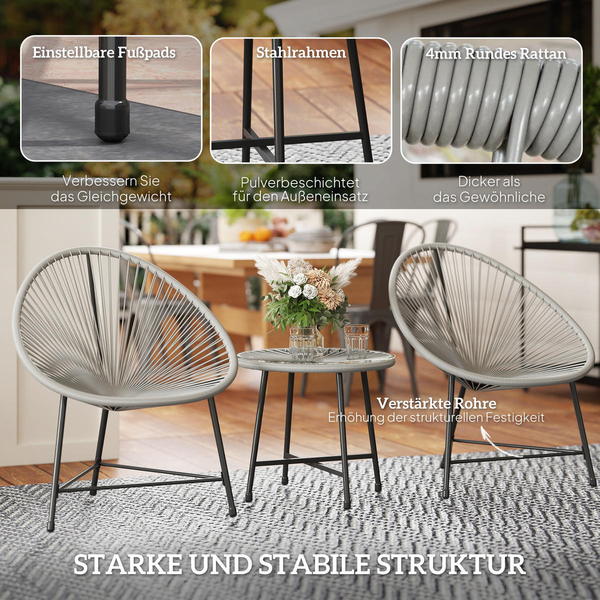 GARTENSET 3 TLG. Tisch mit Glasplatte Hellgrau - Schwarz/Grau, Kunststoff/Metall - Outsunny