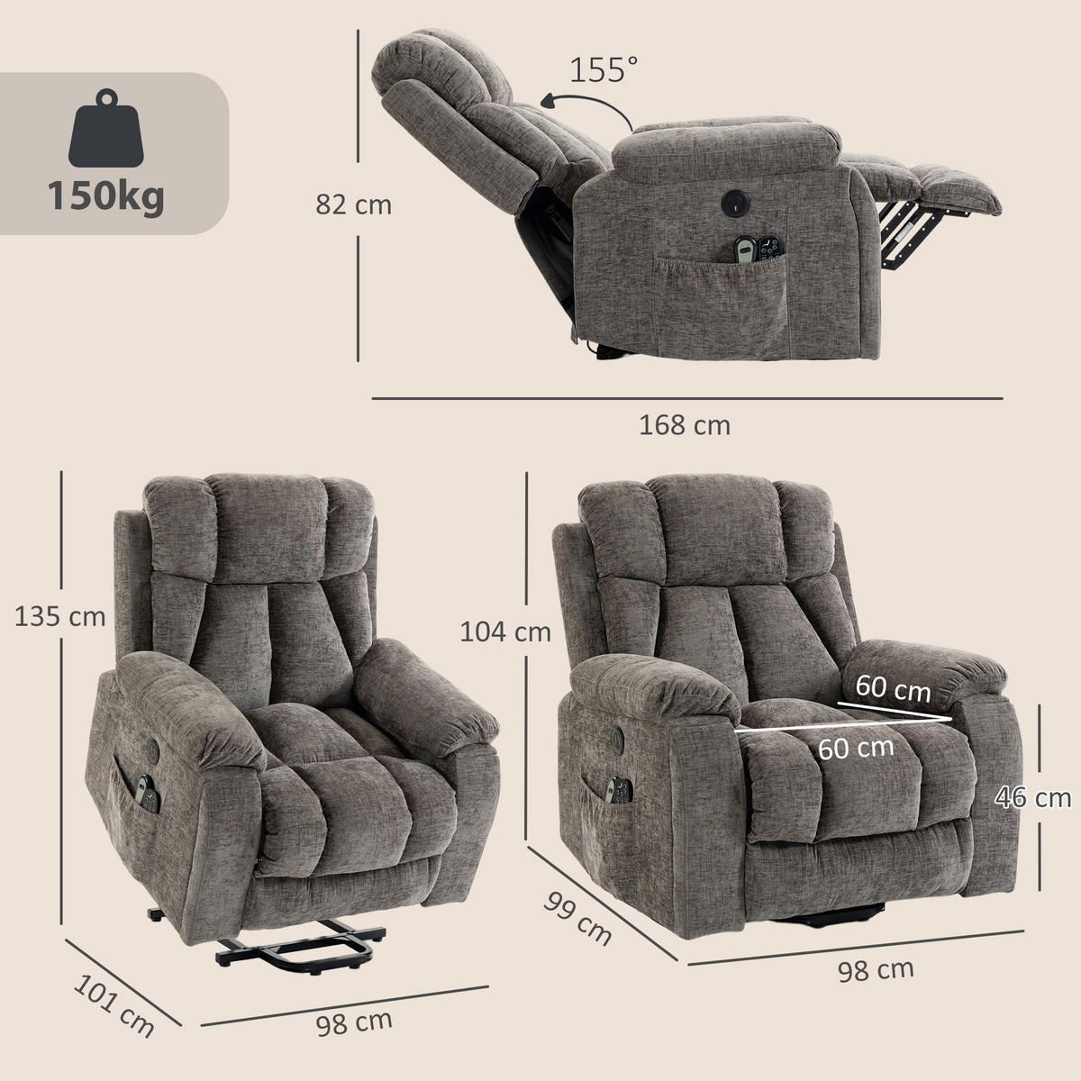 TV křeslo Chenille látka ocel tmavě šedá - černá/tmavě šedá, kov/textil (99/104/98cm) - HOMCOM