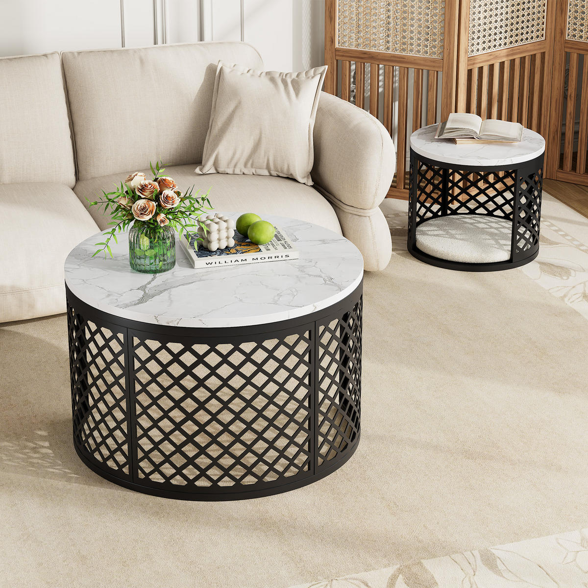 COUCHTISCH 2-teiliges Set Nesting Satztisch ⌀70x45 cm + ⌀45x35 cm Weiß und Schwarz Kontrastfarbendesign - Weiß, Holzwerkstoff (70/70/45cm) - Flora Grace