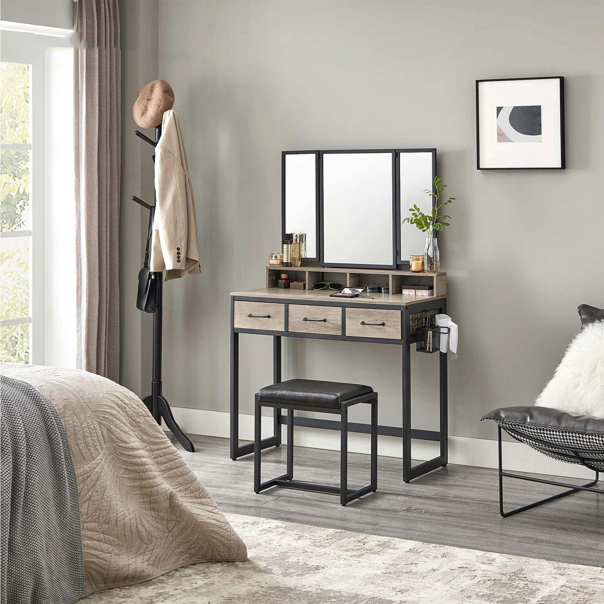 SCHMINKTISCH MIT HOCKER - Schwarz, Holzwerkstoff (40/141/90cm) - Hansiro