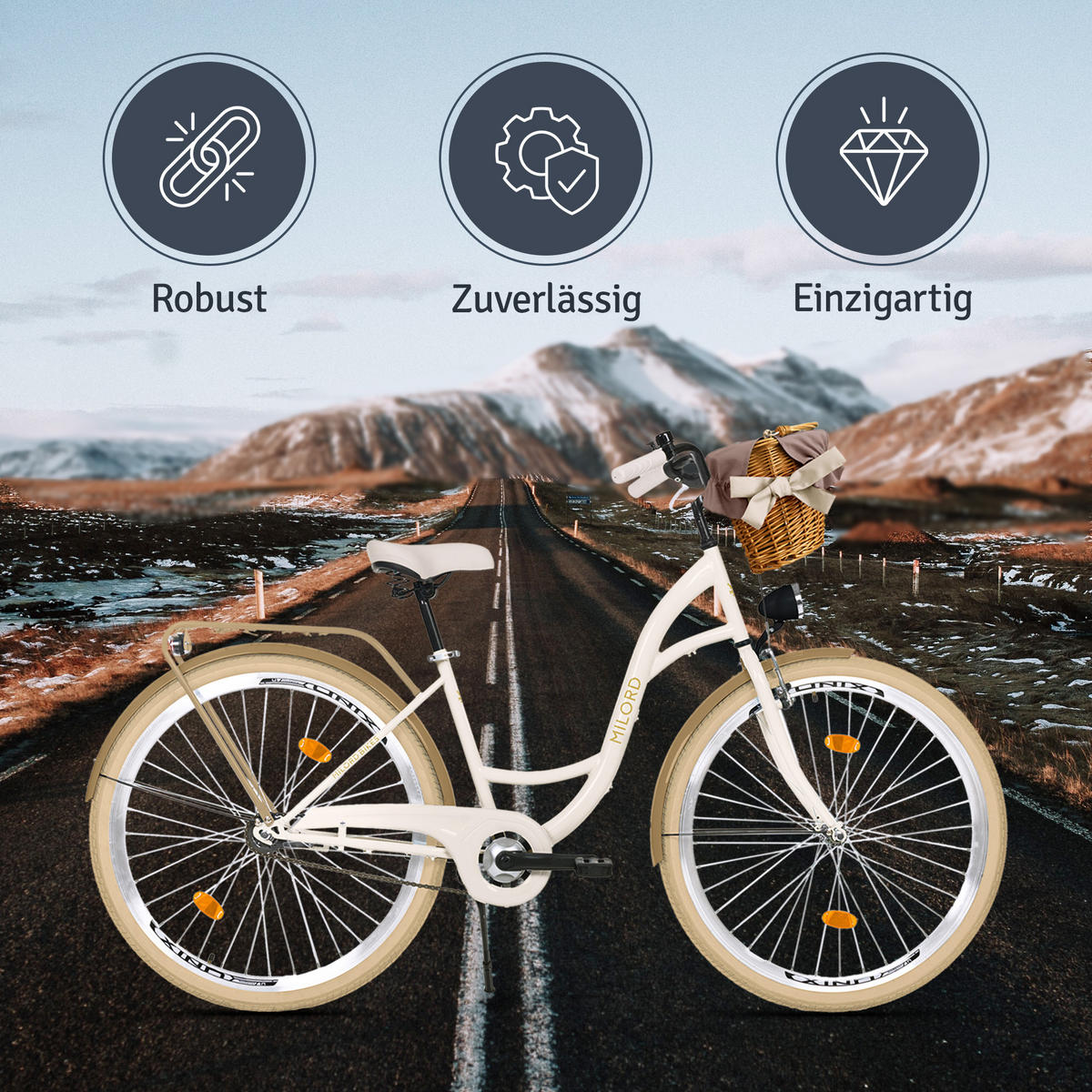 CITY-FAHRRAD Milord mit Weidenkorb, 28 Zoll, Creme-Braun, 1-Gang - Creme/Braun, Metall (46cm) - Milordbikes