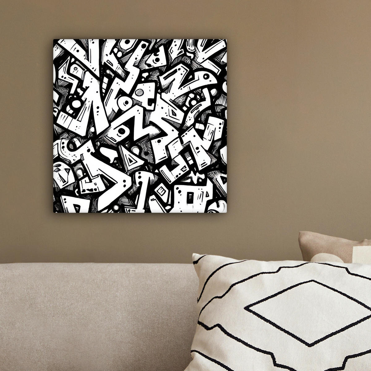 LEINWANDBILD Formen - Buchstaben - Graffiti - Schwarz Deko Wohnzimmer 20x20 cm - Schwarz, Textil (20/20cm) - MuchoWow