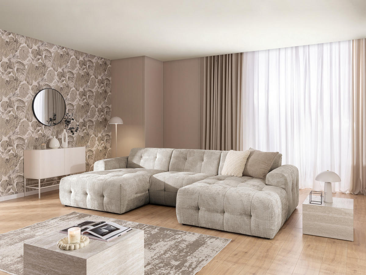 WOHNLANDSCHAFT Kozy im Bumpy-Design mit fester Rückenlehne aus weichem Dunkelbeige Chenille-Stoff - Beige/Schwarz, Holz/Kunststoff (323/79/161cm) - S-Style Möbel