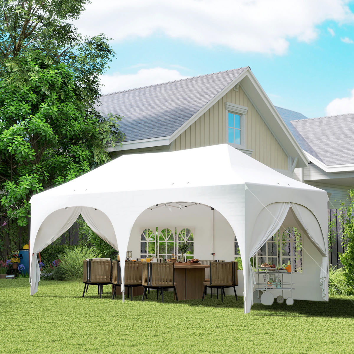 PAVILLON 3x6m Wasserdicht Höhenverstellbar Pop-up Faltpavillon mit Spitzdach - Weiß, Textil/Metall (300/315/598cm) - Outsunny