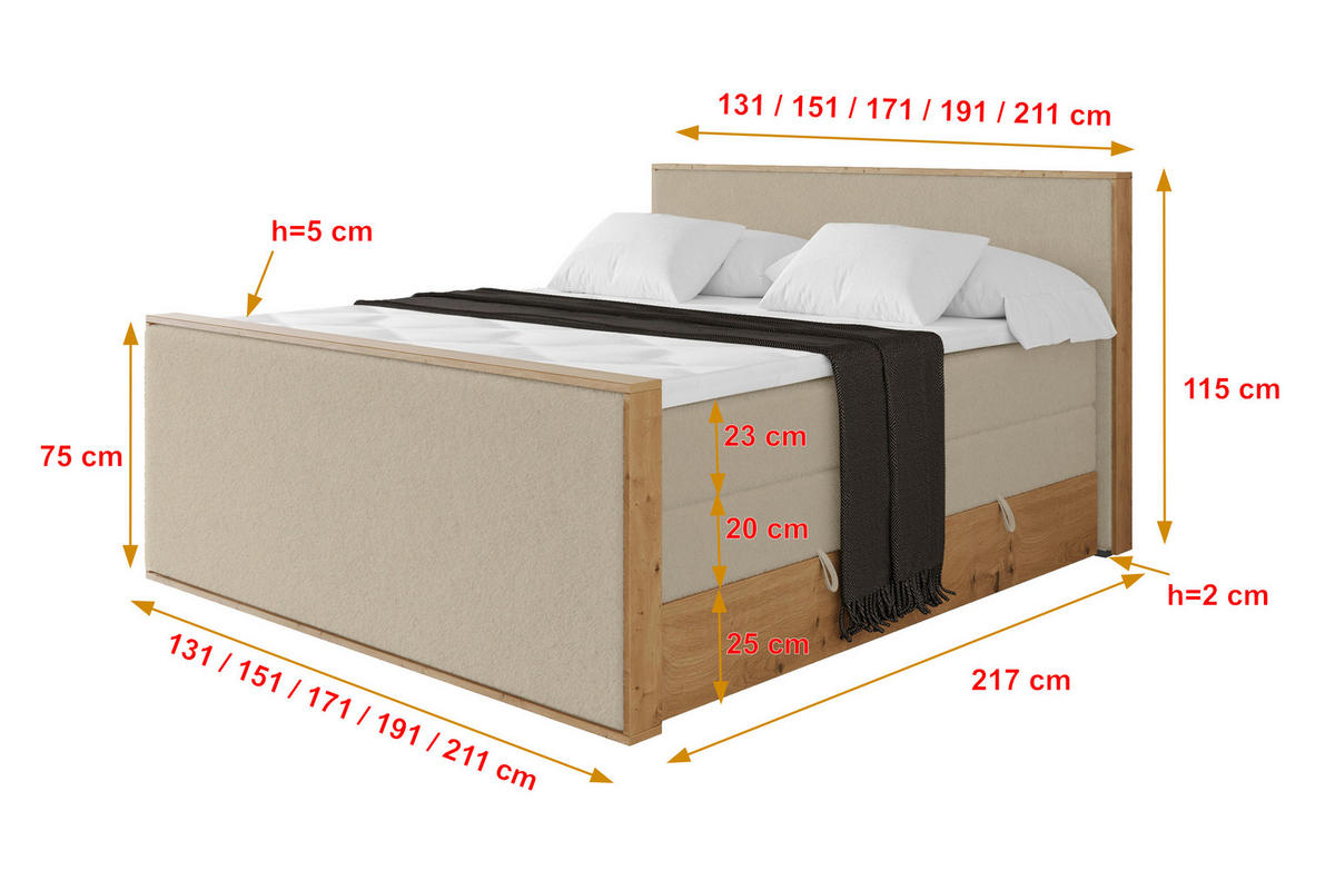 BOXSPRINGBETT LOLLI9 -Z-KING 160x200 - H3/H4 Creme - Champagner, Holzwerkstoff (160/200cm) - ALTDECOR