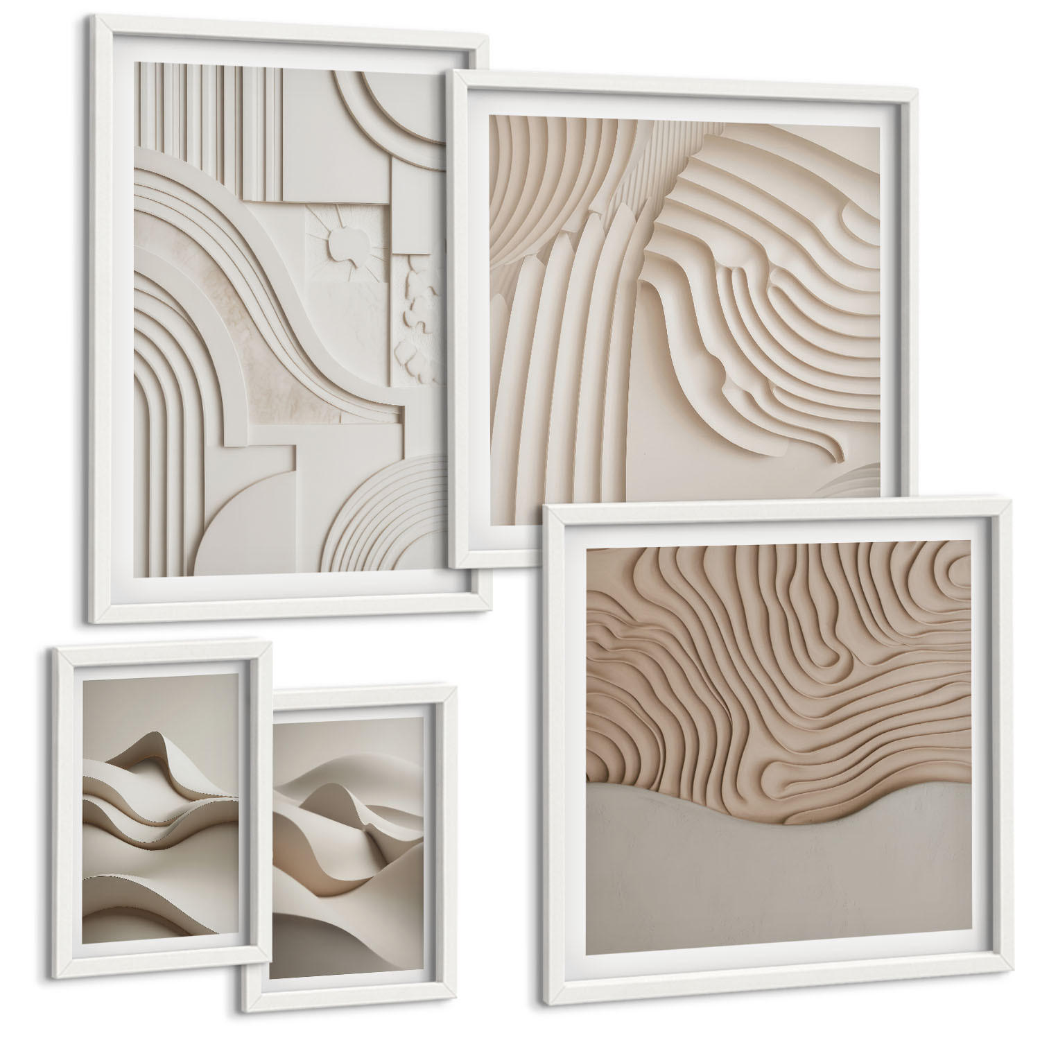 BILDER SET 5er Set - 50x50 cm & 20x30 cm & 40x60 cm Weißer Rahmen - Abstrakte beige Wellen - Weiß, Kunststoff (40/60cm) - TULUP