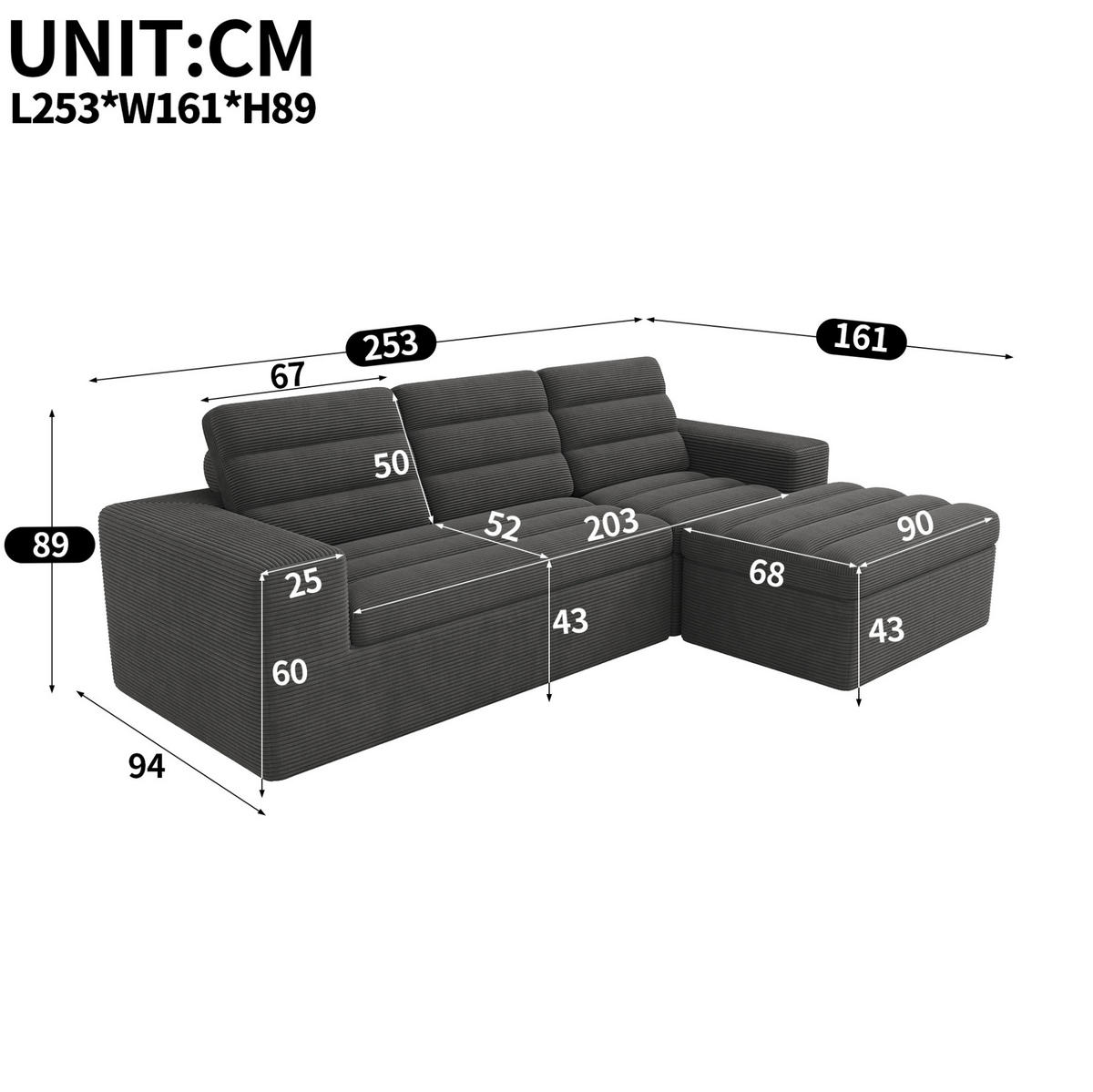 SOFA modular 253x161 cm Cord Dark Grey mit Hocker - Dunkelgrau, Kunststoff (161/253cm) - Meubliv