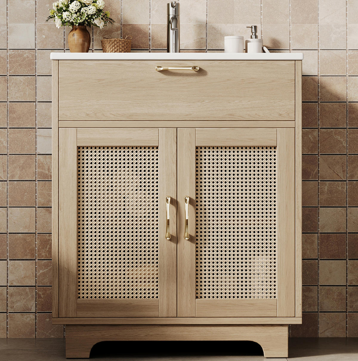 WASCHTISCHKOMBI 76/46/88 cm Natur aus Keramik und MDF mit Klappfach und Soft-Close-Türen - Naturfarben, Keramik (76/88/46cm) - OKWISH