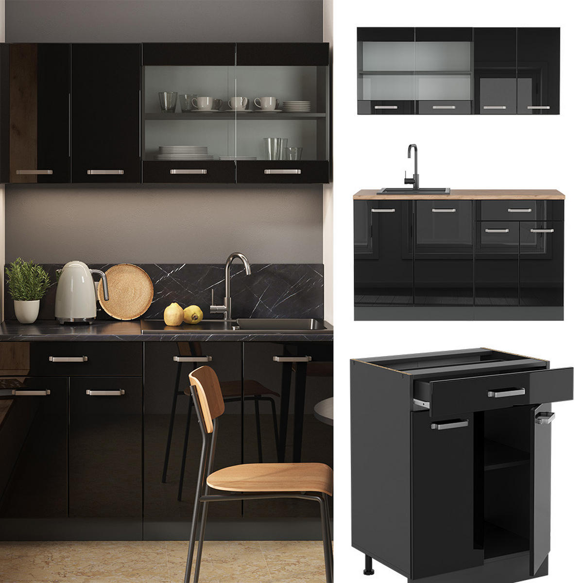 SINGLEKÜCHE R-Line Schwarz Hochglanz/Anthrazit 140 cm ohne AP - Schwarz Hochglanz/Anthrazit, Holzwerkstoff (140/81.6/46cm) - Vicco