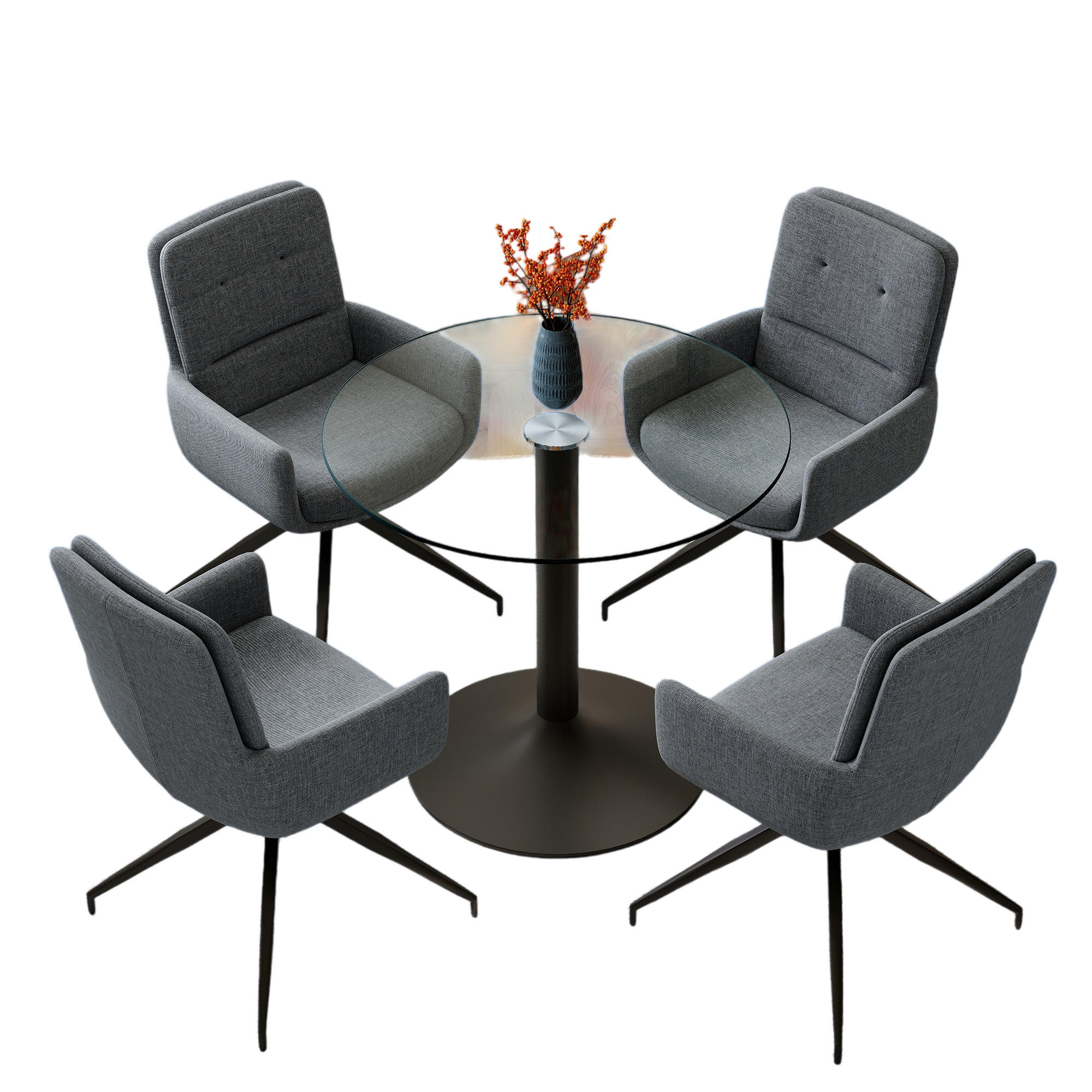 ESSGRUPPE DE-39489 5-teilig, Glastisch und 4 Drehstühlen mit Stoffbezug Dunkelgrau - Dunkelgrau, Metall (85/75/85cm) - ComfortXL