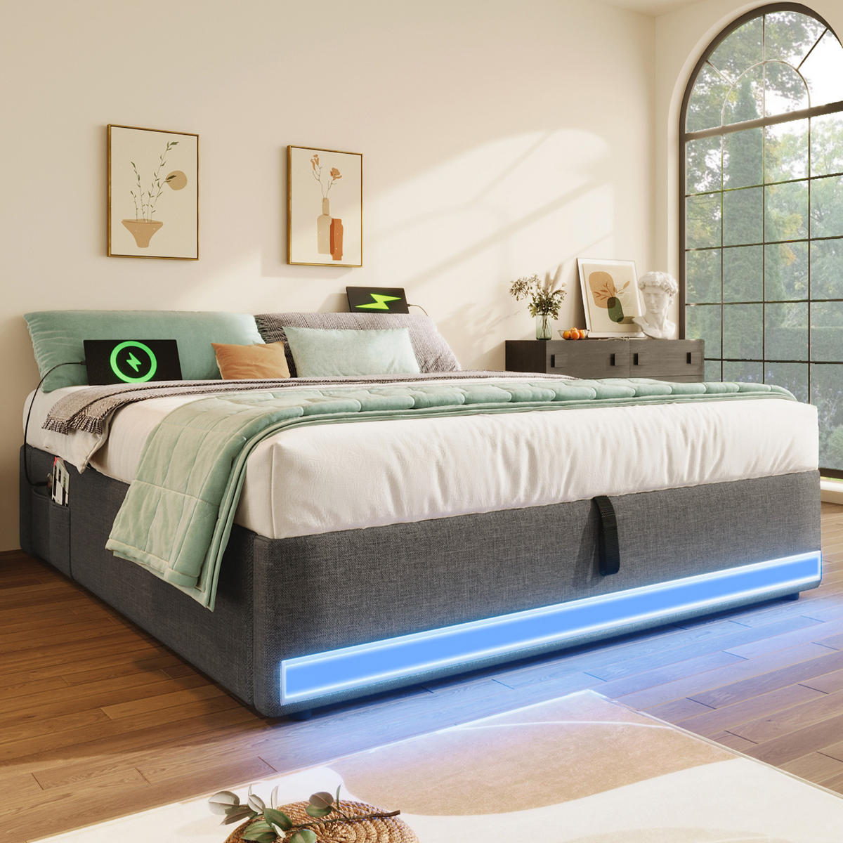 POLSTERBETT 140/200 cm Grau mit LED-Beleuchtung und USB-Anschlüssen - Grau, Textil (140/200cm) - OKWISH