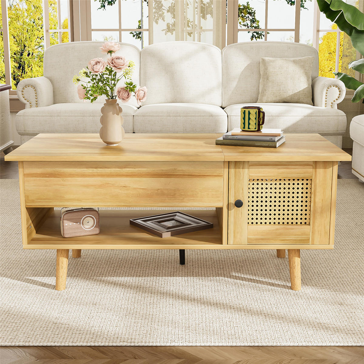 COUCHTISCH Lift-Top Rattan Türen Holzoptik - Naturfarben, Holz (103/50/60cm) - Kaket
