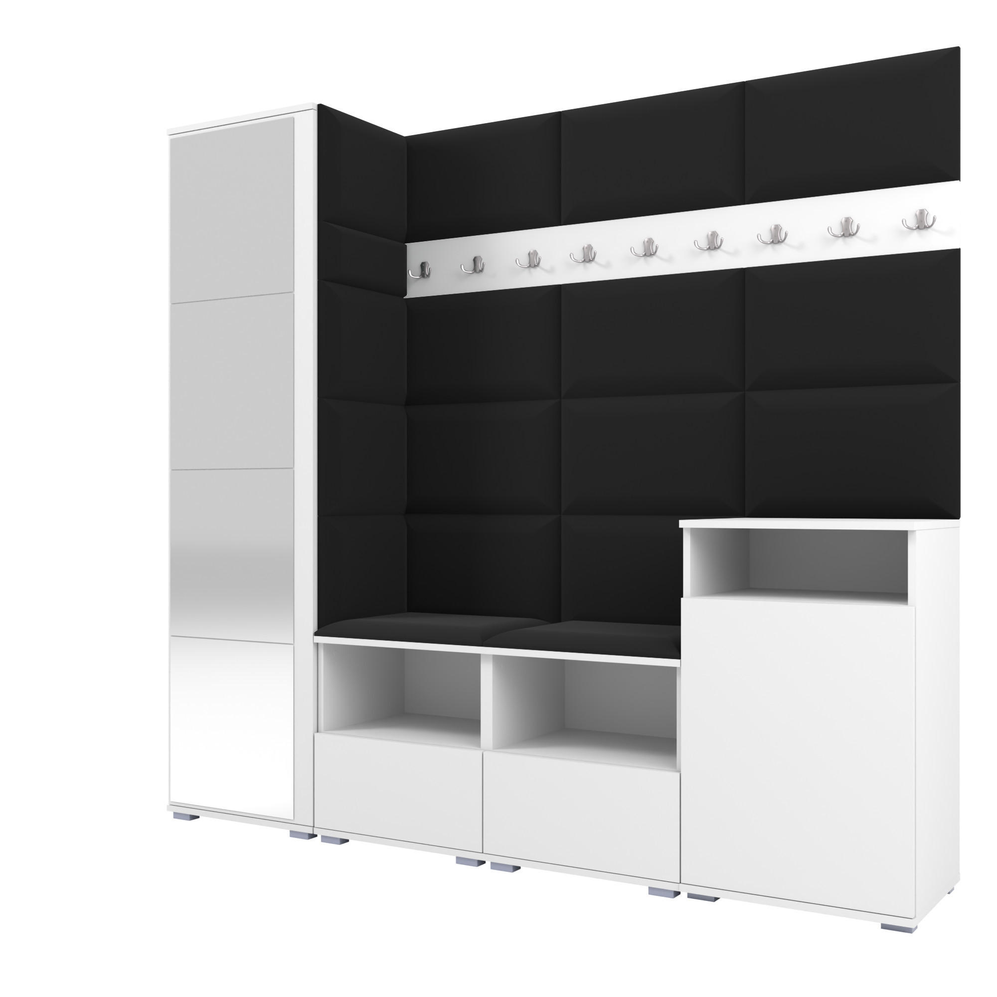 GARDEROBE NELA X 200 cm (Modulare Flurmöbel Weiß mit Spiegel & Sitzpolster Schwarz 16 Schrank + Sideboard) - Silberfarben/Schwarz, Holz/Holzwerkstoff (200/187/40cm) - Ravio
