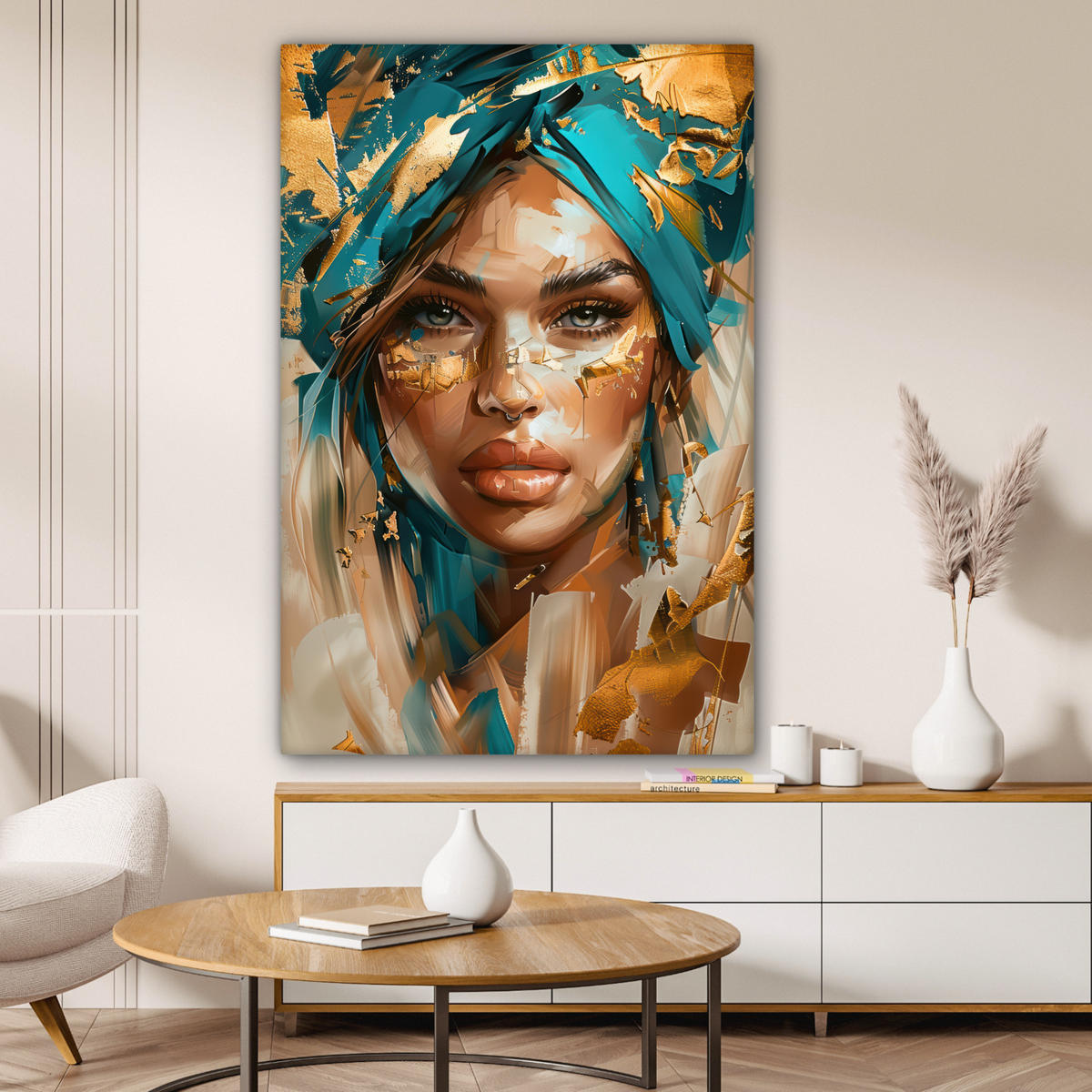 LEINWANDBILD - Frau - Porträt - Gold - Luxus - Blau - 80x120 - Wanddeko - Türkis, Textil (80/120cm) - MuchoWow
