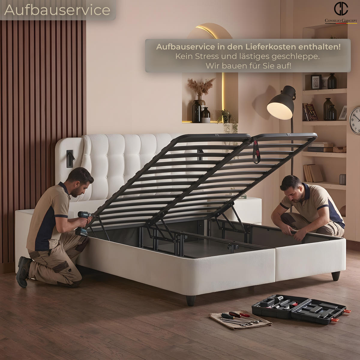 BOXSPRINGBETT MIT BETTKASTEN OSLO 160/200 cm, Ivory, Bettkasten, Matratze, Topper integriert, H3 mittel 7-Zonen Matratze - Creme/Schwarz, Holz/Kunststoff (160/200cm) - Consilio Concept