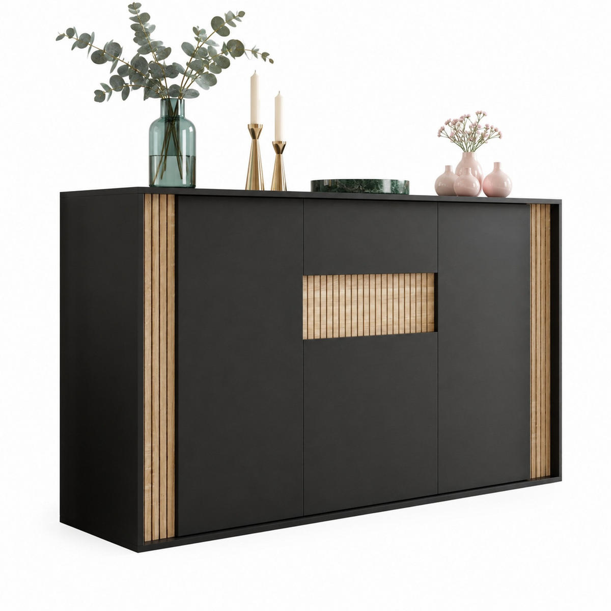 SIDEBOARD in Schwarz und Natur 140x40x82 cm mit 3 Türen, Schublade und verstellbarer LED-Beleuchtung - Schwarz, Holzwerkstoff (40/82/140cm) - IVMEU