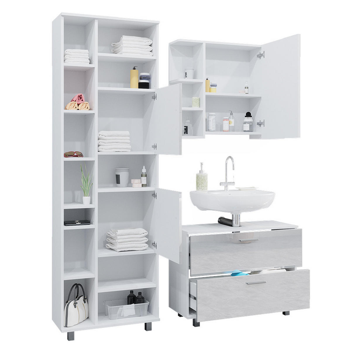BADMÖBEL-SET Ilias Weiß Hochglanz 3 Teile, mit Hochschrank - Weiß Hochglanz, Holzwerkstoff (80.2/60.8/33cm) - Vicco