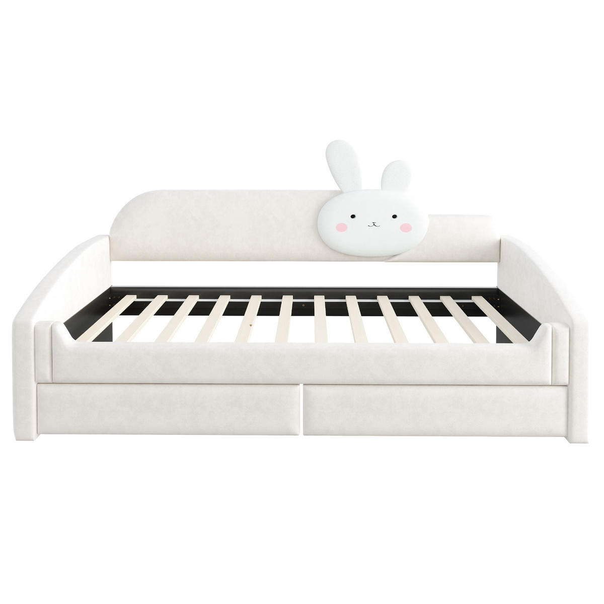 KINDERBETT 90x200cm Samt LED Stauraum Hasenkissen Beige - Beige, Textil (90/200cm) - FLIEKS