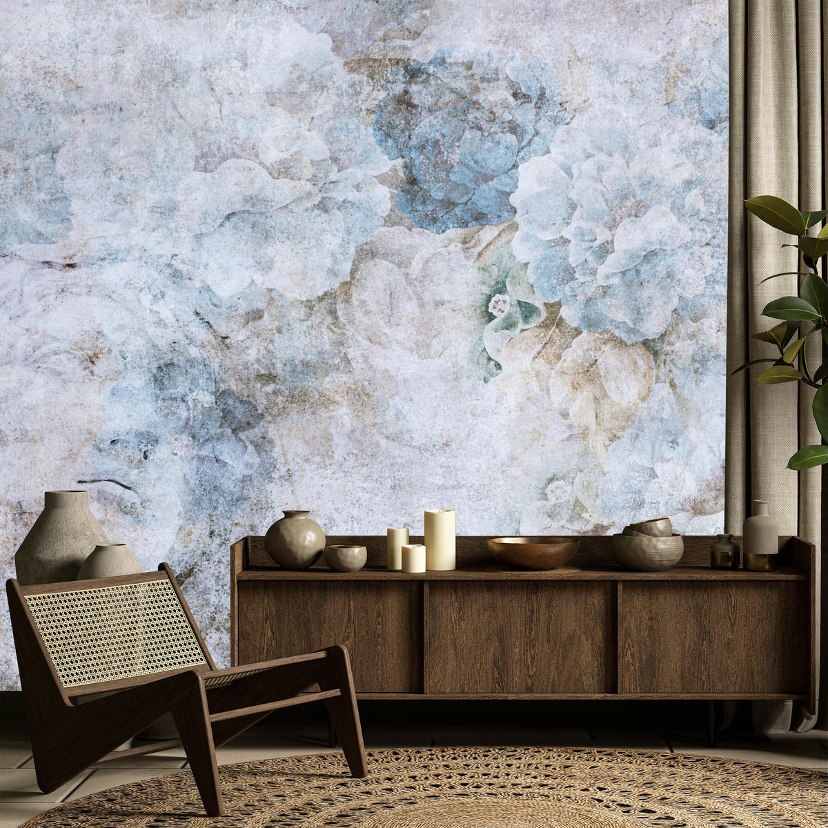 FOTOTAPETE Blaue Blumen Beton Vintage 400x280 - Grau, Papier (400/280cm) - Muralo