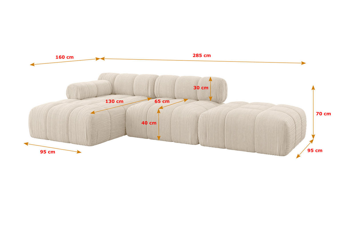 ECKSOFA modulares Sofa Lizur-L1 - 285x160x70 cm Beige Cord - Beige, Holzwerkstoff/Textil (285/160cm) - ALTDECOR