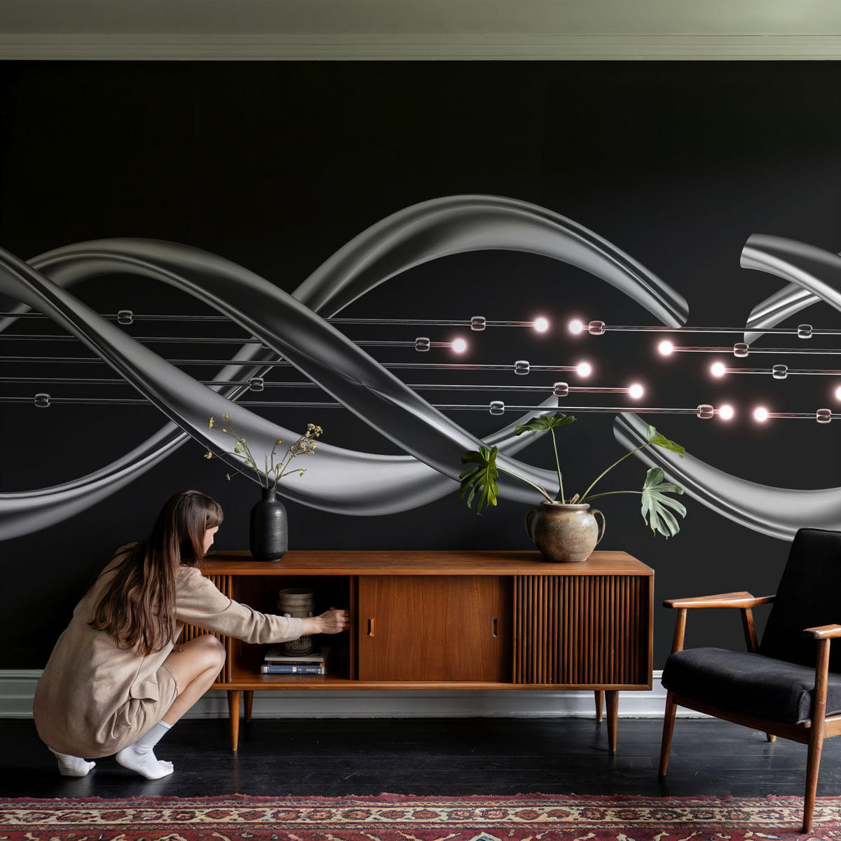 FOTOTAPETE 104x70 cm - Geflochtenes Muster - Schwarz, Textil (104/70cm) - Wallfluent