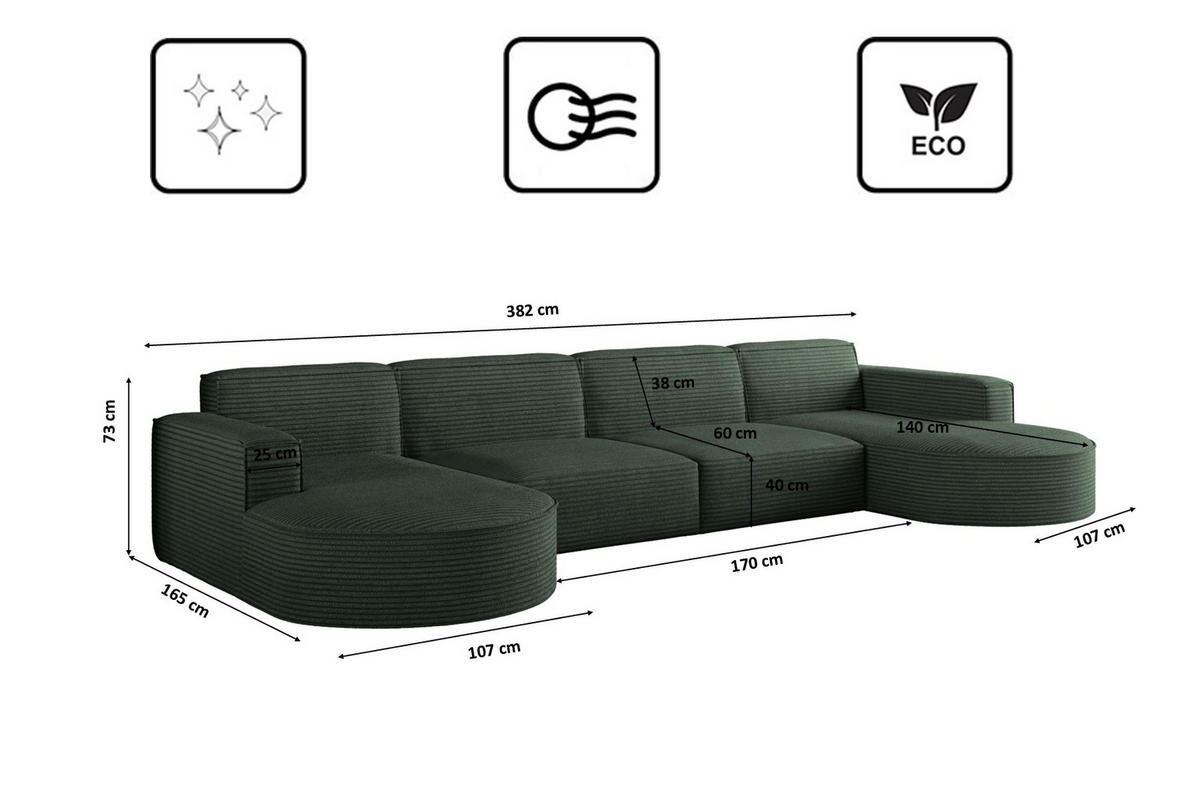 ECKSOFA U-Form XL Designer MODENA stoff Dicker Cord Poso Grün - Grün, Holz (165/382cm) - Kaiser Möbel