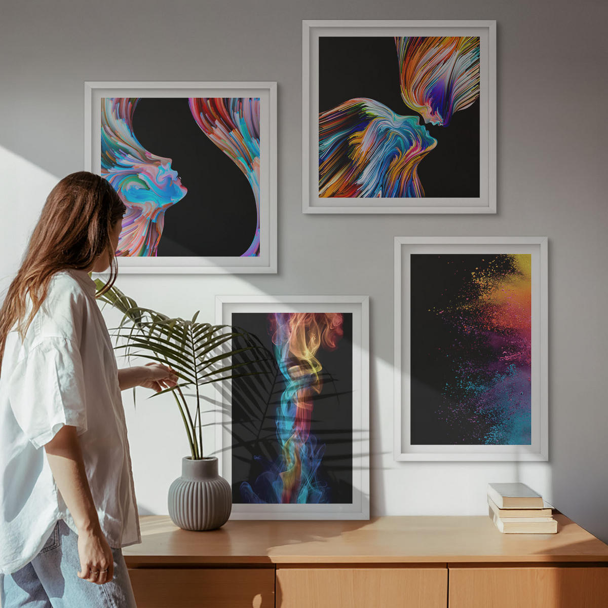 WANDBILDER 4er-Set - 50x50 cm & 40x60 cm Weißer Rahmen - Farbenfrohe Abstraktionen, Gesichter, Formen - Weiß, Kunststoff (50/50cm) - ArtPrintCave