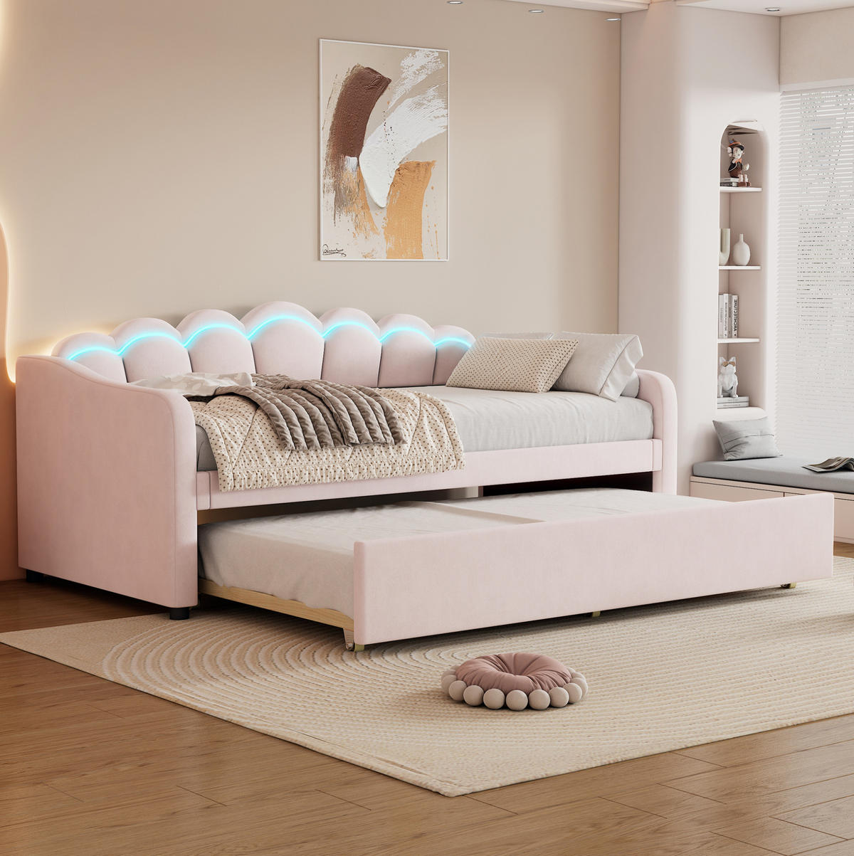BETT 90/200 cm aus Samt in Rosa mit Ausziehbett und LED-Beleuchtung - Rosa, Textil (90/200cm) - Flora Grace
