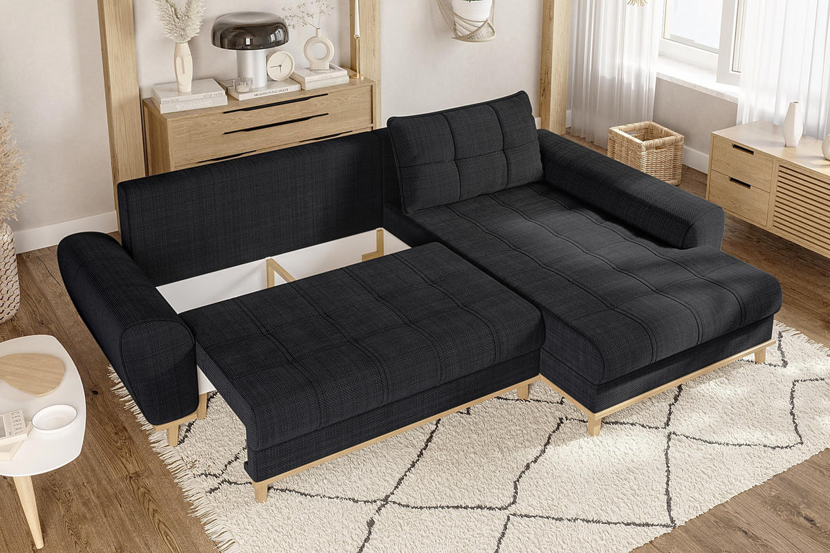 ECKSOFA im Scandi-Stil, Schlaffunktion, Bettkasten B268/T175/H86 cm, Ottomane rechts, Liegefl. 128x209 cm, Bouclé Chenille Stoff in Anthrazit / 21011 - Eichefarben/Anthrazit, Holz/Textil (268/175cm) - luma-home