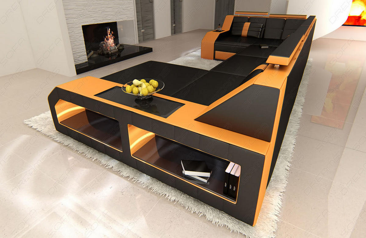 WOHNLANDSCHAFT Arezzo U - Schwarz/Orange, Leder (380/86/197cm) - Sofa Dreams