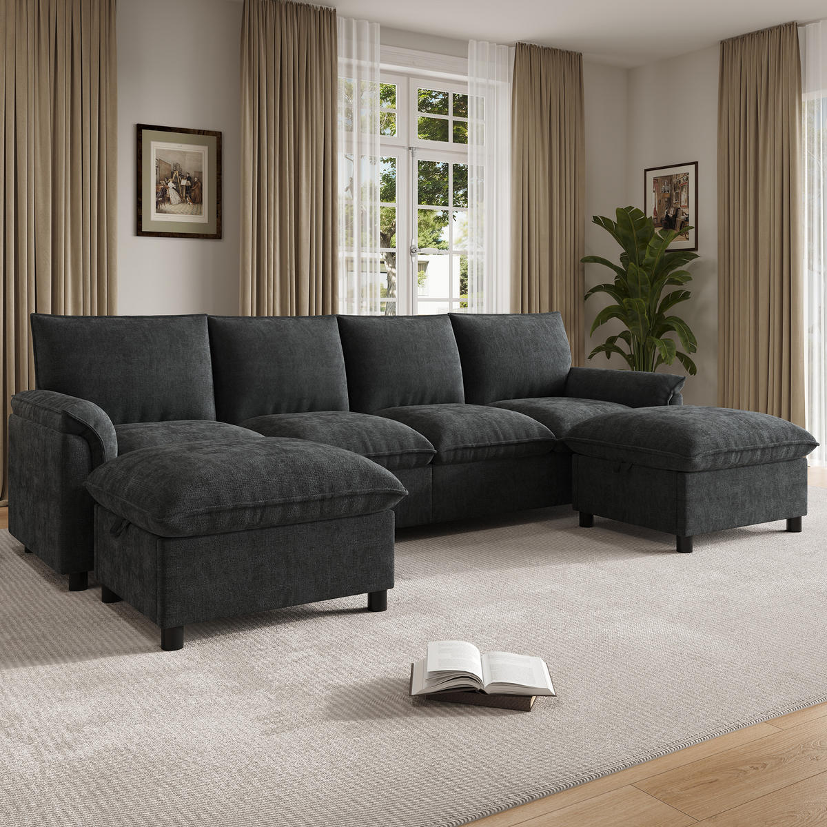 WOHNLANDSCHAFT 264.5/142.5/84 cm Schwarz mit 2 Aufbewahrungs-Ottomane - Schwarz, Textil (142.5/84/264.5cm) - Oxeza