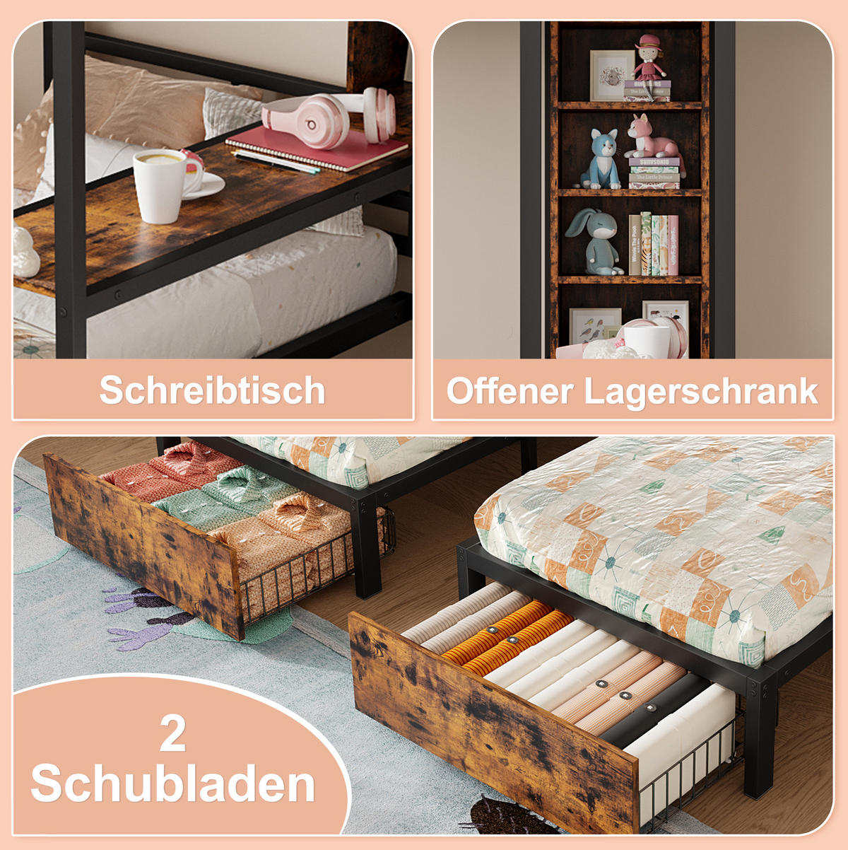 ETAGENBETT 140/200 + 90/200 cm aus Metall und MDF mit 3 Schlafplätzen und 2 Schubladen Schwarz - Schwarz, Holzwerkstoff (140/200cm) - Modenvie