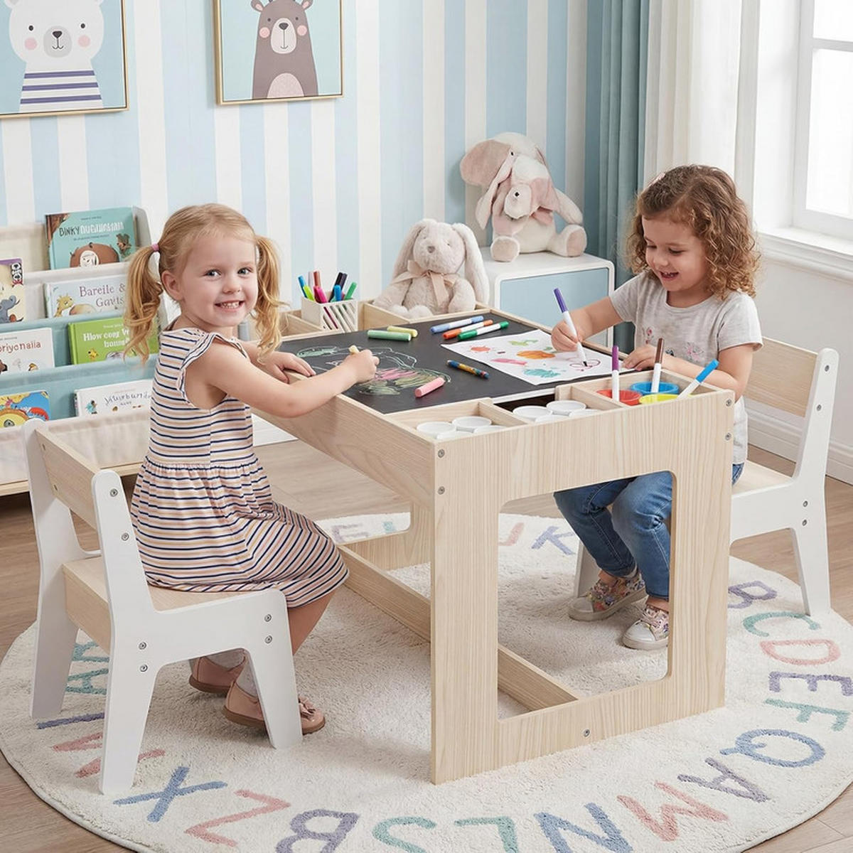 KINDERTISCH mit Stuhl natur(3-tlg) - Naturfarben, Holzwerkstoff (80/48/49cm) - COSTWAY