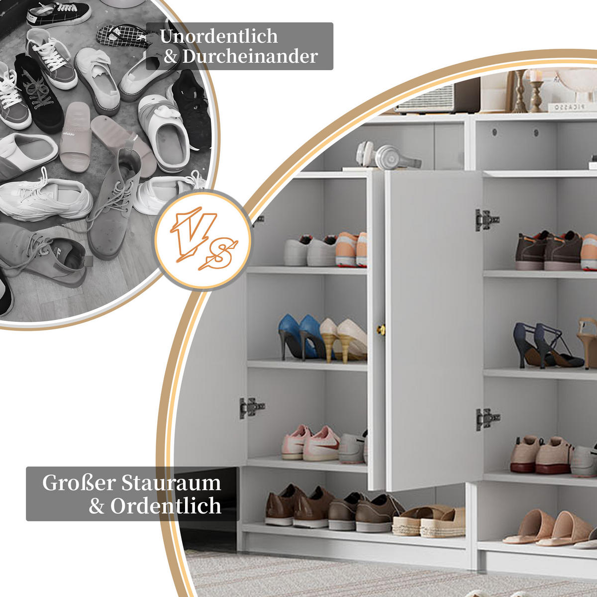 SCHUHSCHRANK Modern mit Goldgriffen Weiß 73x34x109cm - Weiß, Holzwerkstoff (34/109/73cm) - FLIEKS