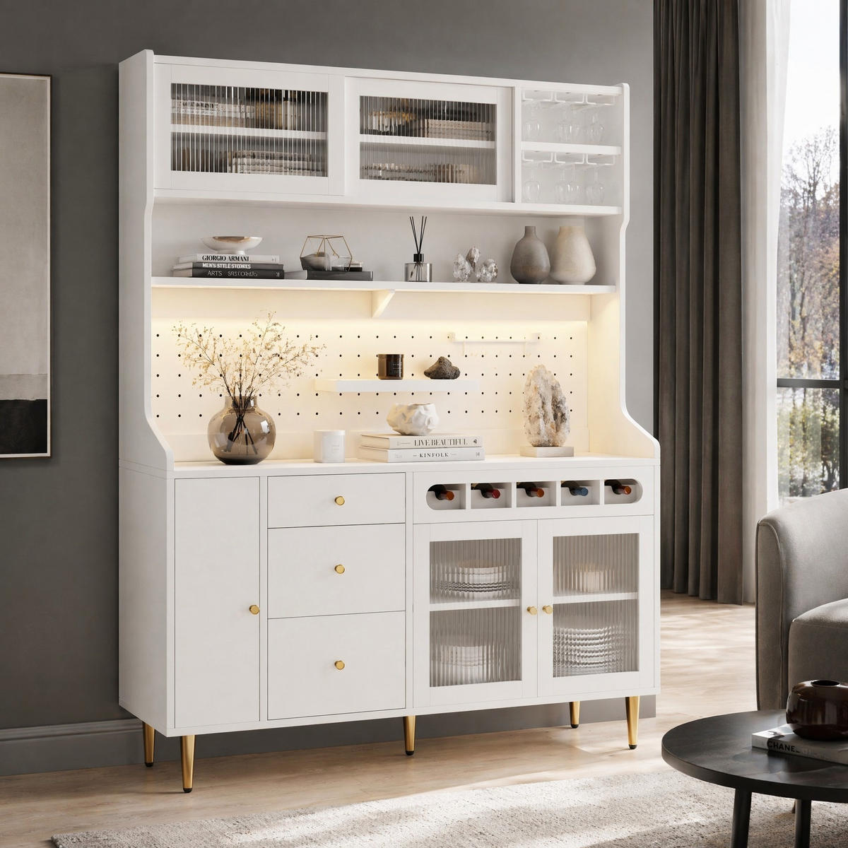 KÜCHENSCHRANK in Weiß mit LED, verstellbaren Böden, Schublade und Weinregal für Esszimmer,B145/T39/H171cm - Goldfarben/Weiß, Glas/Holzwerkstoff (145/171/39cm) - STILVORA
