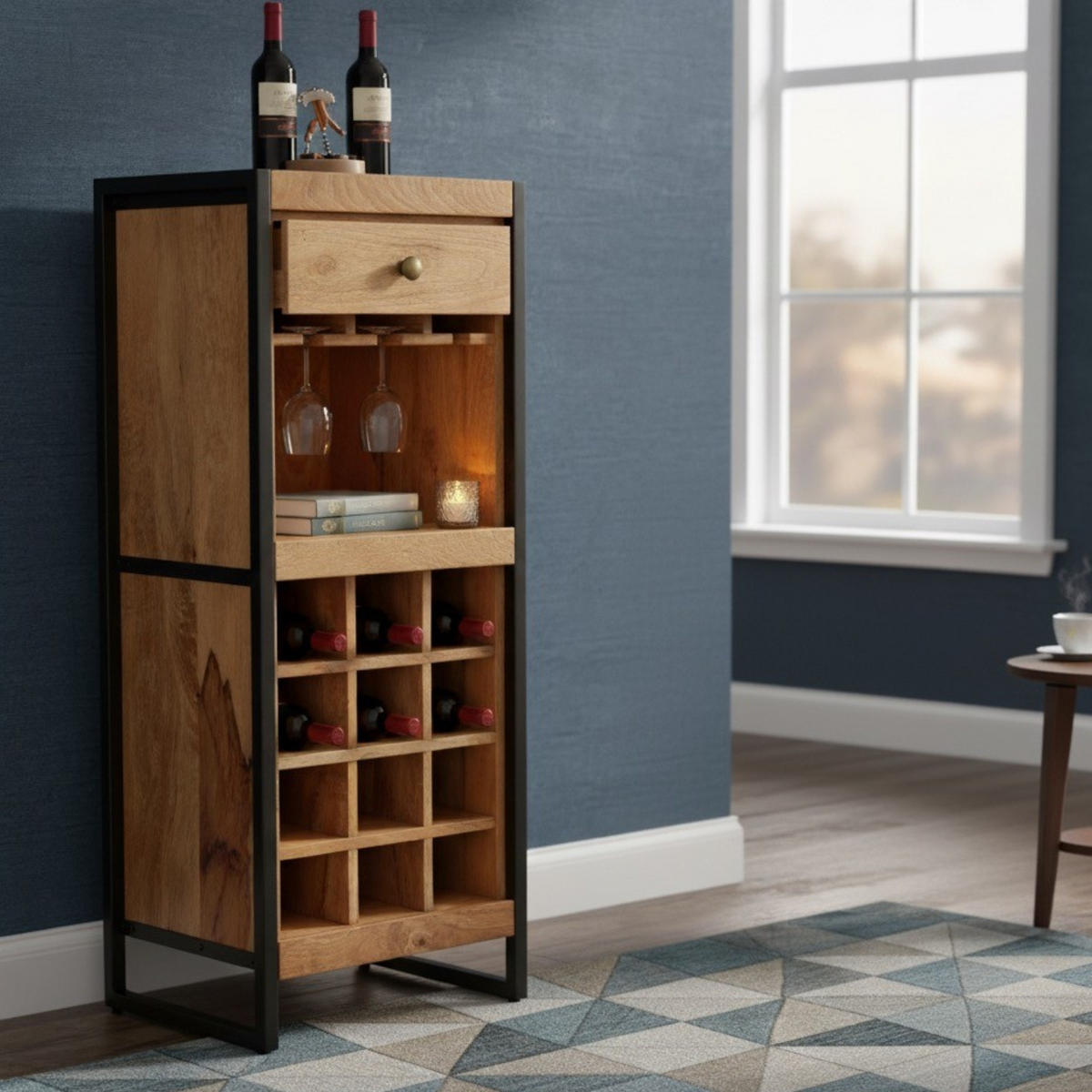WEINSCHRANK Venosa Oldwood 56 x 45 x 102 cm - Schwarz/Braun, Holz/Metall (56/90/45cm) - Mr. Deko